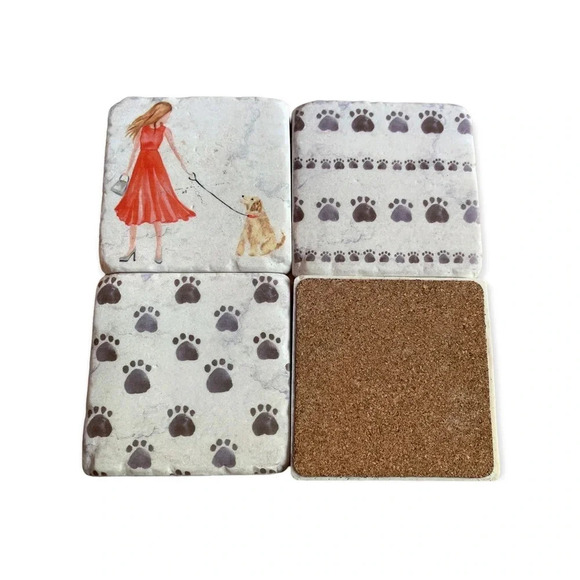 4 Dog Puppy Paw Print Stone Tile Coasters - Picture 7 of 7